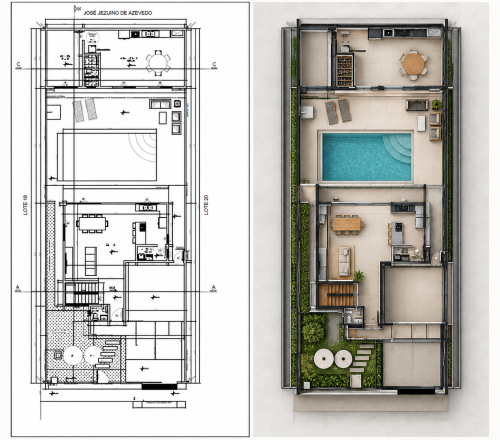 Planta Arquitetónica e Render 3D Comparativos